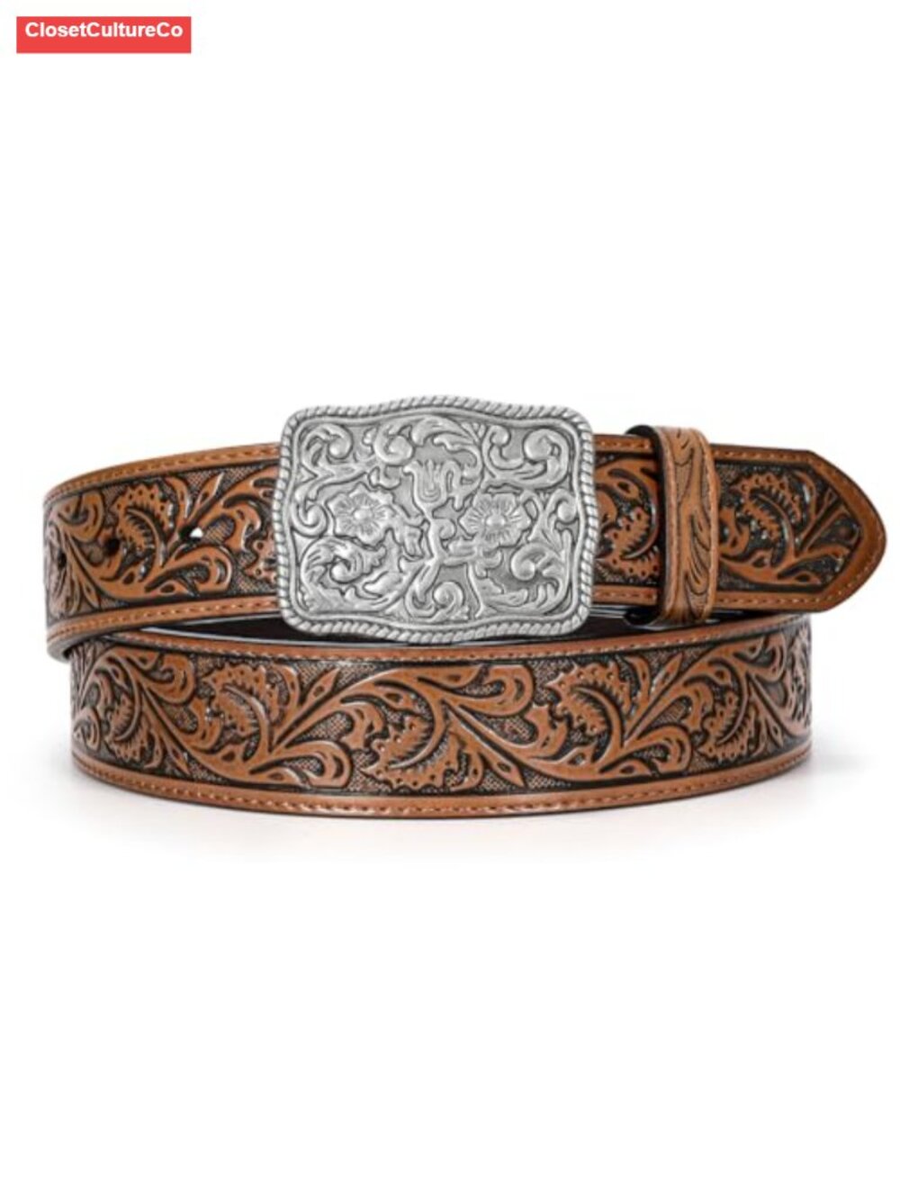 Western Belt Women Men Cowgirl Cowboy Embossed Engraved Tooled Leather Buckle